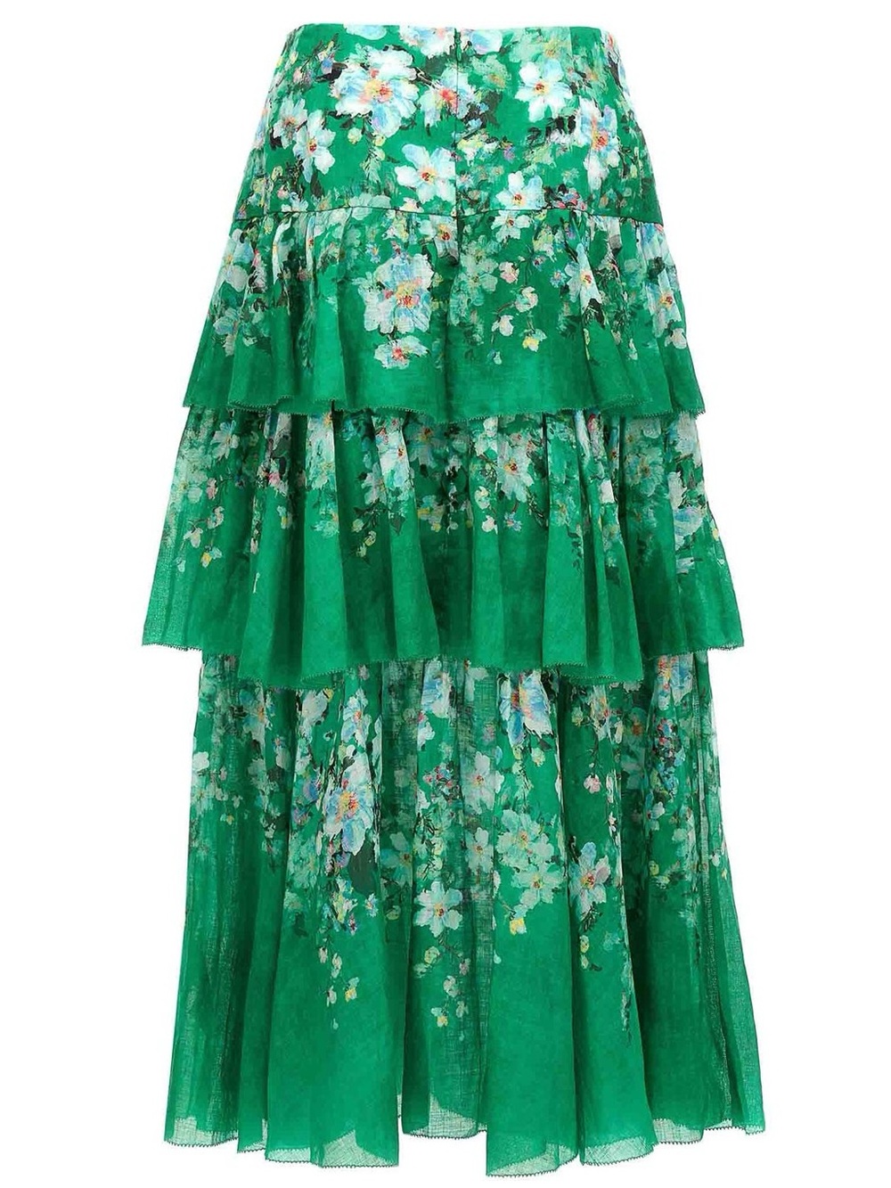 Zimmermann Everley Tiered Skirt in Green Watercolour Floral